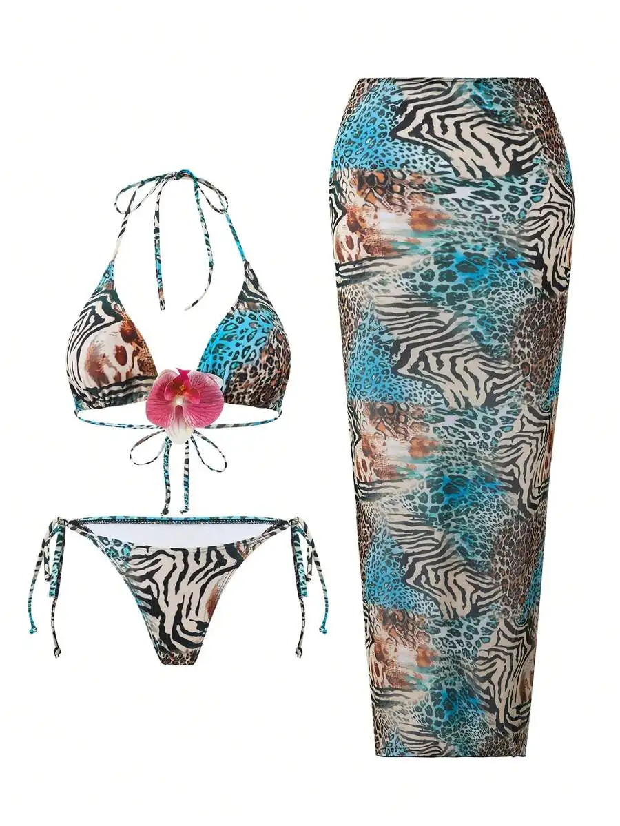 Swim Oasis 3pcs Solid Color Triangle Wireless Halter Top, Side Tie Swim Bottoms And Mesh Skirt Women Summer Beach Vacation