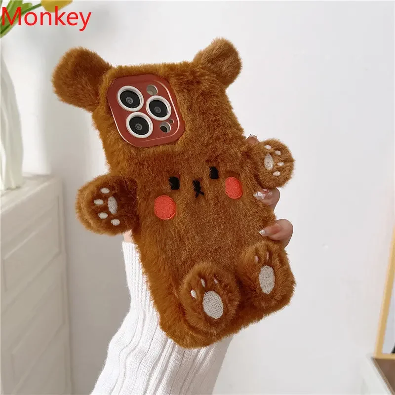 Cute Bear Soft Fluffy Plush Phone Case For iPhone 17 16 Pro Max 15 14 13 12 11 XS XR 7 8 Plus Autumn And Winter Shockproof Cover view 5