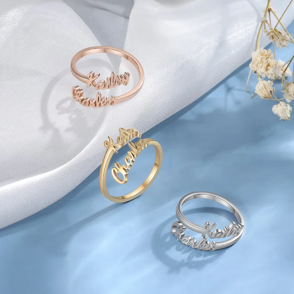 Настраиваемое кольцо с двойным именем, регулируемое кольцо из нержавеющей стали для пары, индивидуальный подарок, модное кольцо с буквами, подарок