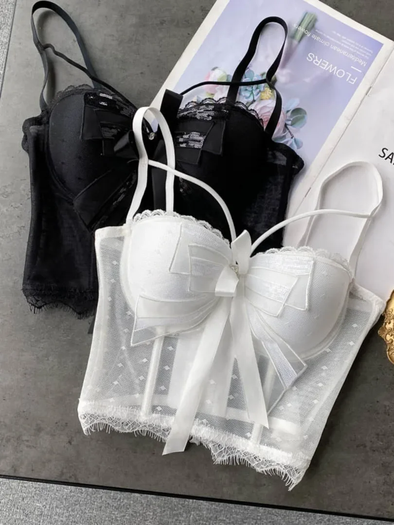 Women Bustier Corset Bowknot Ribbon Push Up Bralet Bra White Black Adjustable Strap Dot Mesh See Through Sexy Summer Crop Tops