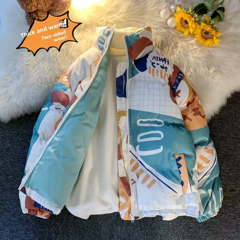 

Men's Winter Thickened Bread Style down Cotton Jacket Double Sided Wear Couple Coat Casual Warm Fashionable Short Zipper