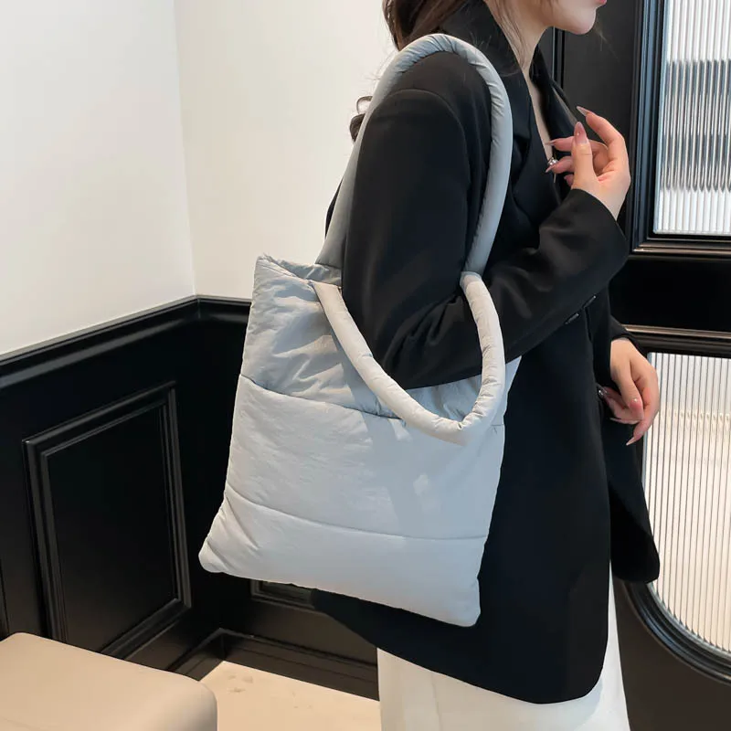 

Зимние сумки на плечо из смеси хлопка, большие вместительные однотонные сумки-тоут для женщин, корейские модные дорожные сумки