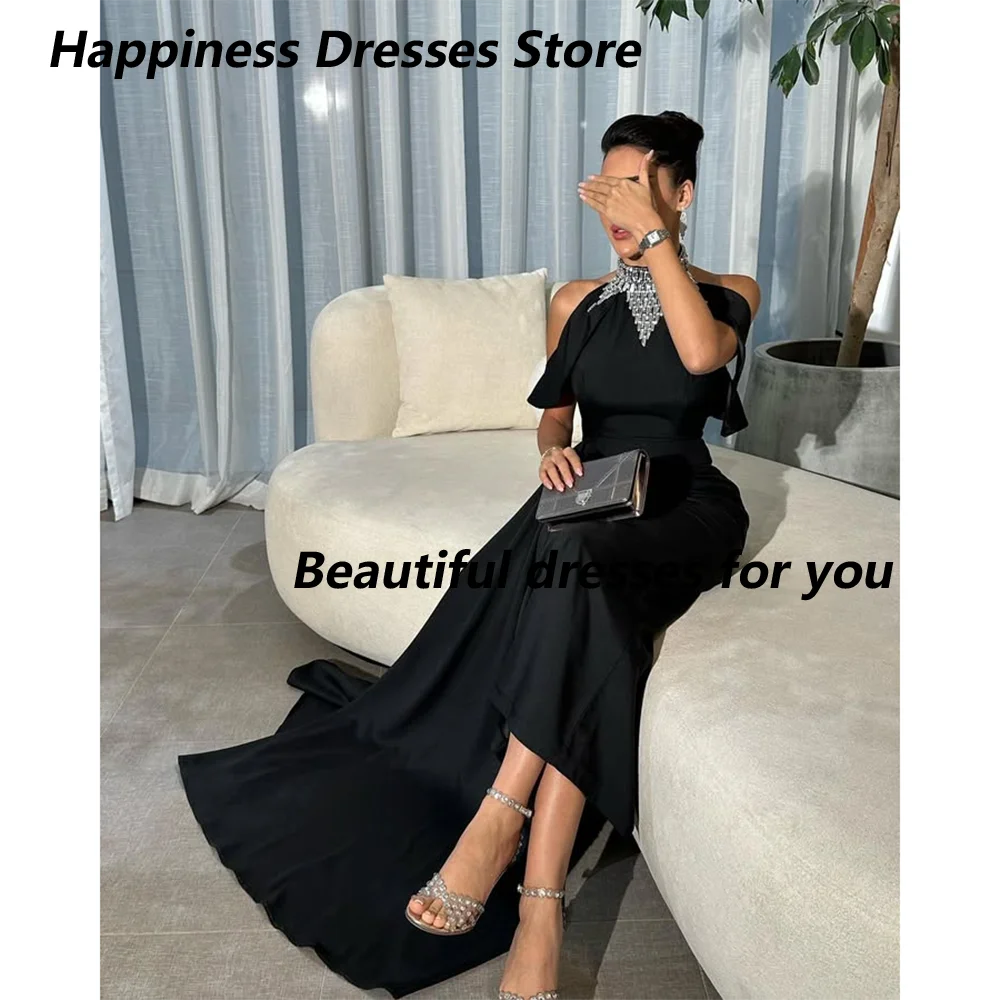 Schwarzes Abendkleid, maßgeschneidert, Kristall, Stehkragen, knöchellang, Trompete, Abendkleid, saudi-arabische Midi-Meerjungfrau-Abendkleider