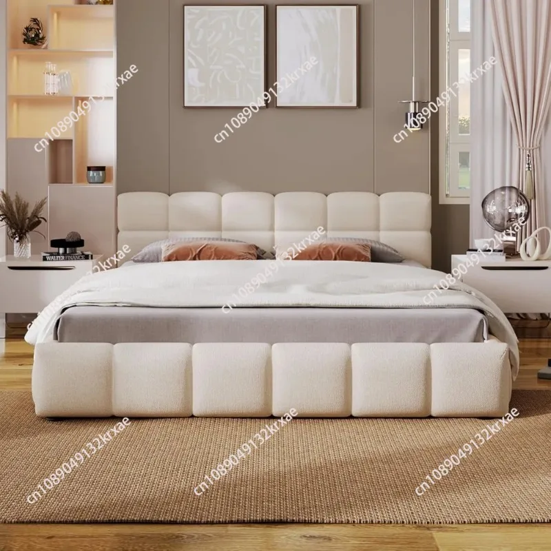 Upholstered Headboard Bed Frame Wood Bed Frame with Chenille Checkerboard Design Headboard Wooden Slats No Box Spring Needed Ea