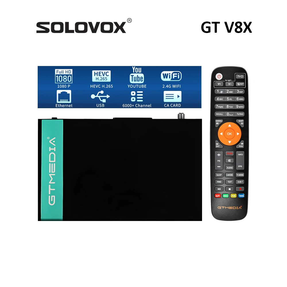 SOLOVOX GT V8X Satellite TV Box HD 1080P DVB S2X FTA Receiver Support MARS CAMD StalkerMAC Bisskey PowerVU SCART CA H.265 WIFI