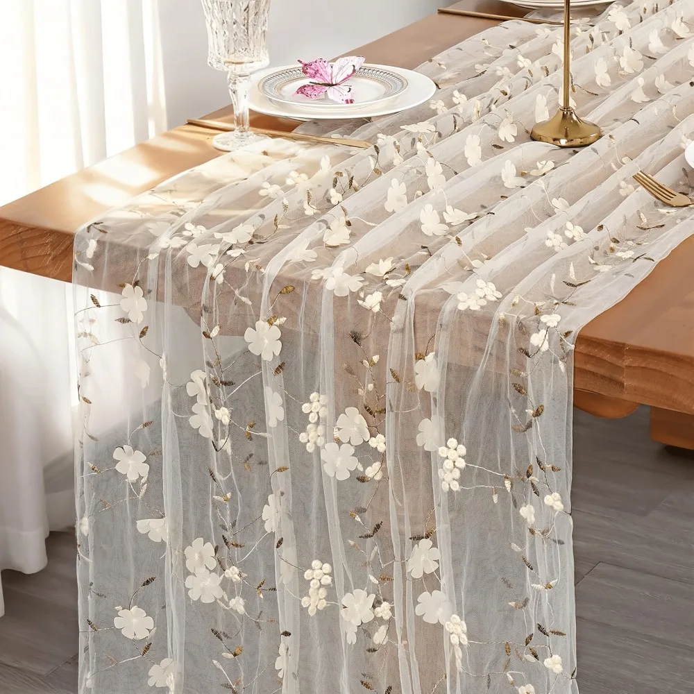 70x300CM Tulle Table Runner Floral Embroidery Lace Floral Table Runner Sheer Polyester Sheer Table Cover For Table Decoration