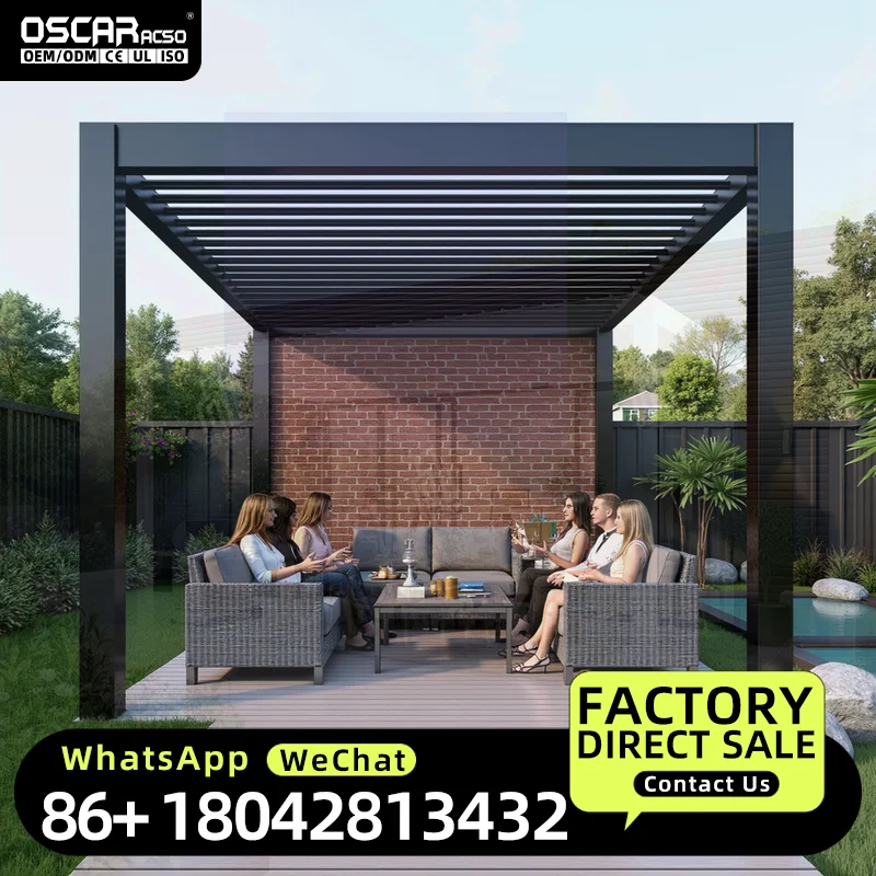 Motorized Rainproof s with Open Close Louvres Powder Coated Frame Pressure Treated Wood Gazebo Roof System for Garden Patio Back
