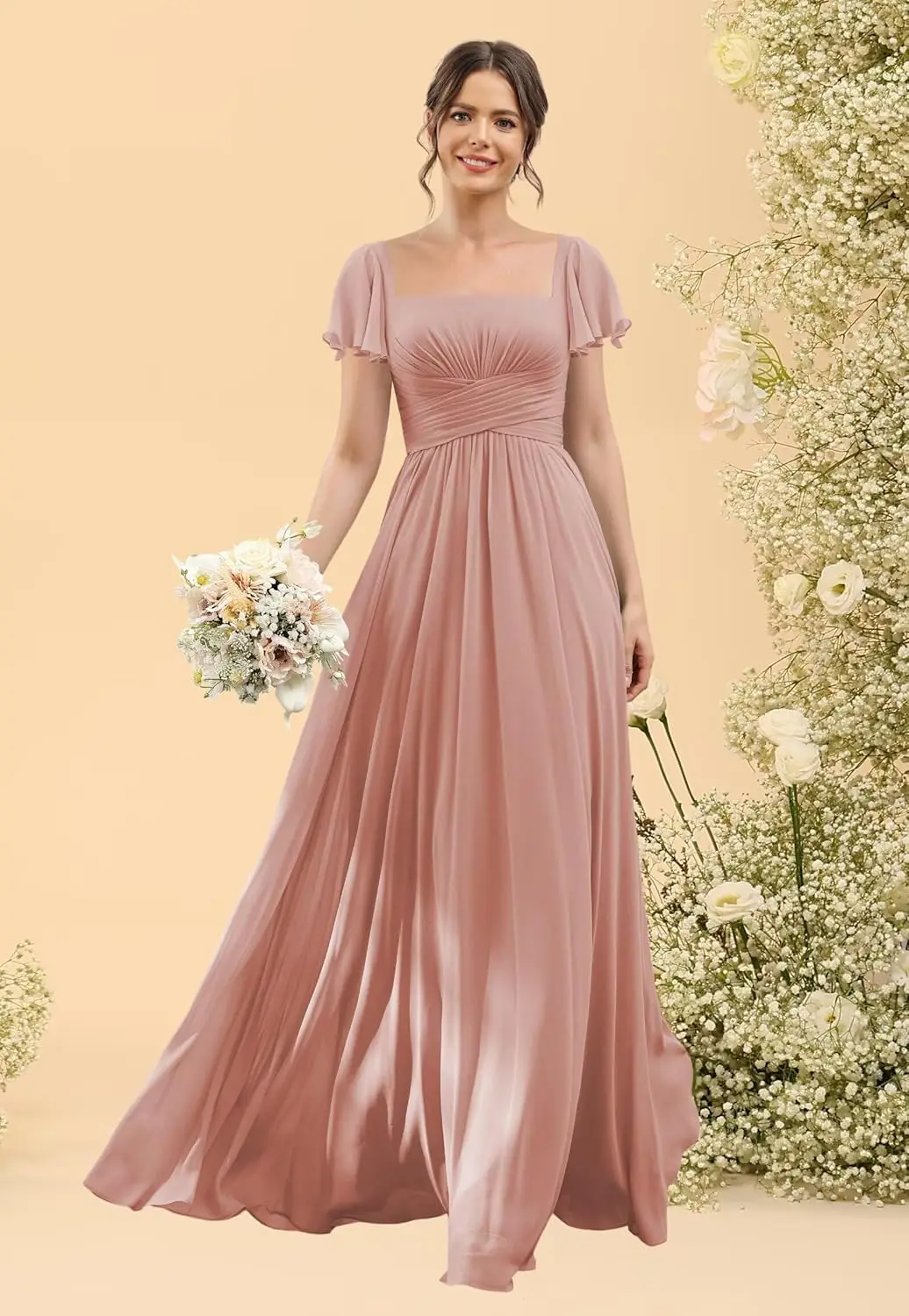 فستان وصيفة العروس من الشيفون بأكمام قصيرة لعام 2025 طويل مع فتحة رقبة مربعة وجيوب على شكل حرف a فستان رسمي لحفلات الزفاف #4