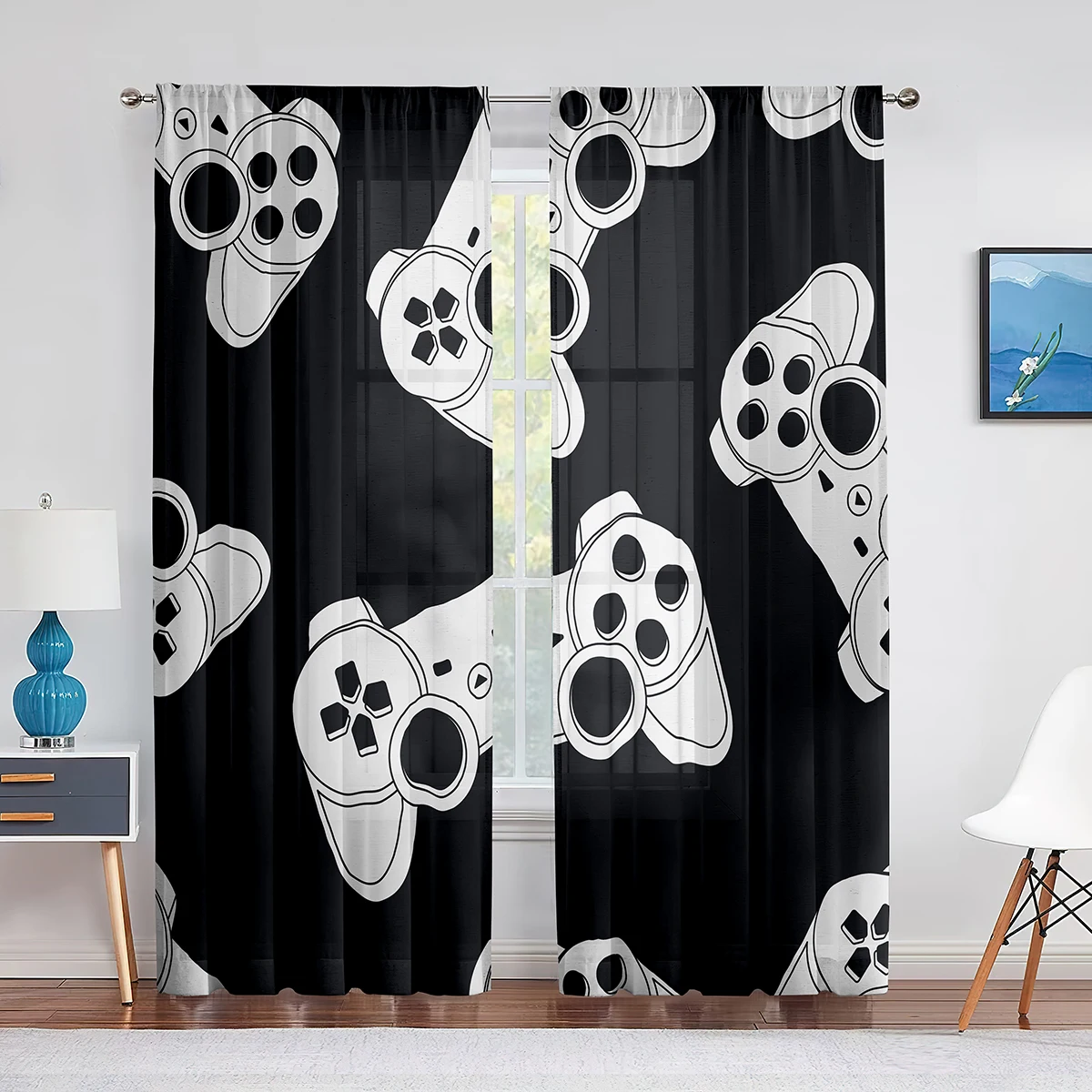 Boys Gaming Sheer Voile Curtain Teens Gamepad Video Games Controller Window Tulle Curtains for Living Room Bedroom Decorations