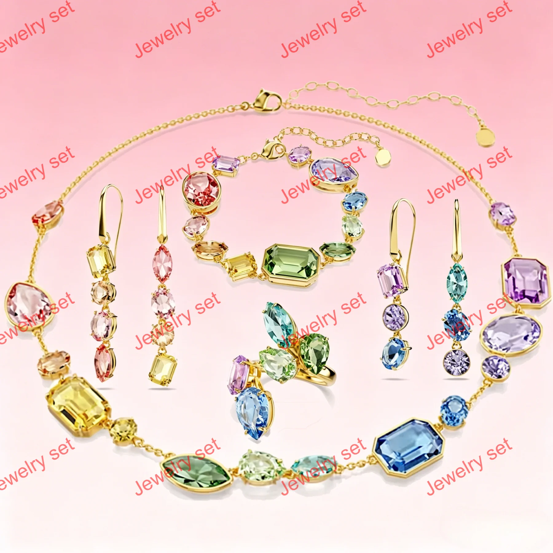 

2026 New High Quality Fine Party Jewelry Set Charming Blue Green Purple Water Drop Crystal Luxury Women's Necklace Ring Earrings