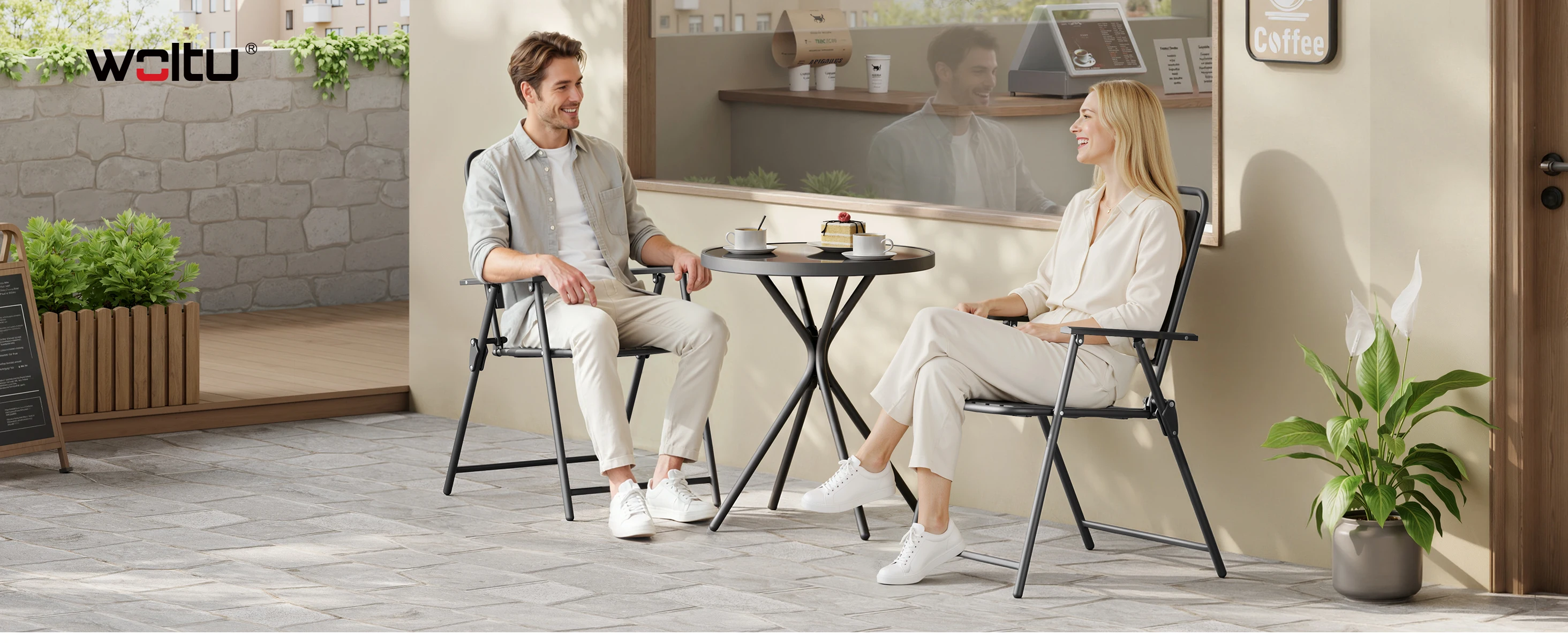 WOLTU Balkonmöbel-Set, runder Outdoor-Tisch mit 2 Klappstühlen, Metallrahmen, wetterfeste Outdoor-Sitzgelegenheit für Balkon, Terrasse, Garten. – Detail 3