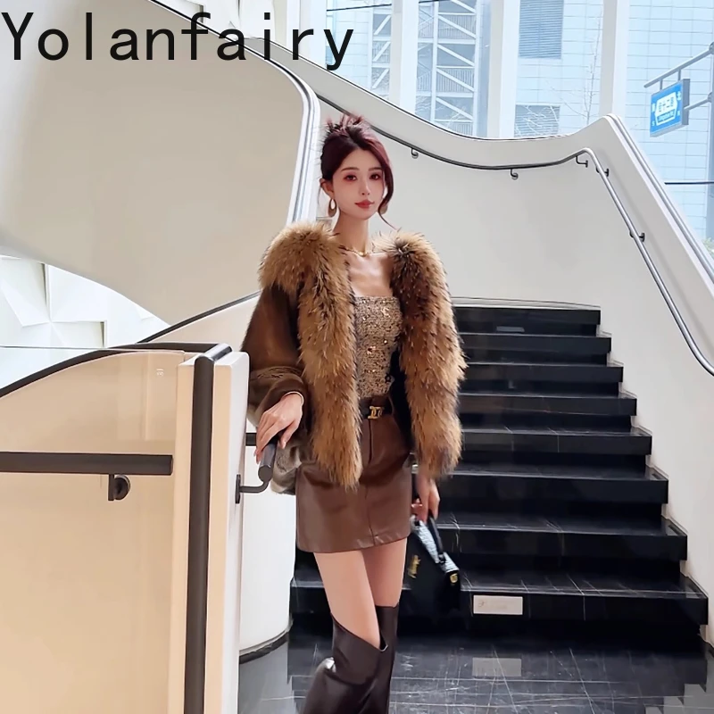 YOLANFAIRY الخريف والشتاء استيراد الراكون الفراء طوق فرو المنك معطف المنك كامل الخامس الرقبة الخفافيش الأكمام العتيقة الفراء سترة شوهبات 2025