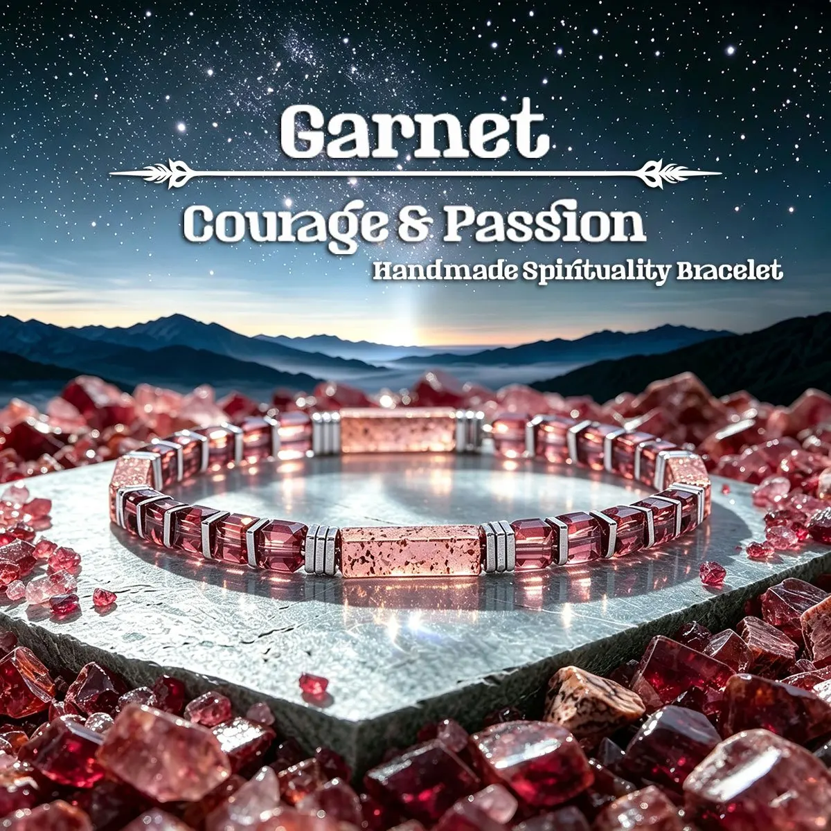 Garnet cube beaded bracelet, courage & passion symbol. Handmade elastic spiritual jewelry for daily wear.