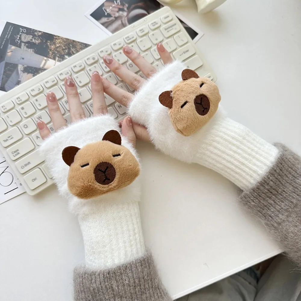 Soft Half Finger Capybara ถักถุงมือสีทึบ Keep WARM Plush ถุงมือ Fingerless Windproof ผู้หญิง Mittens ชาย