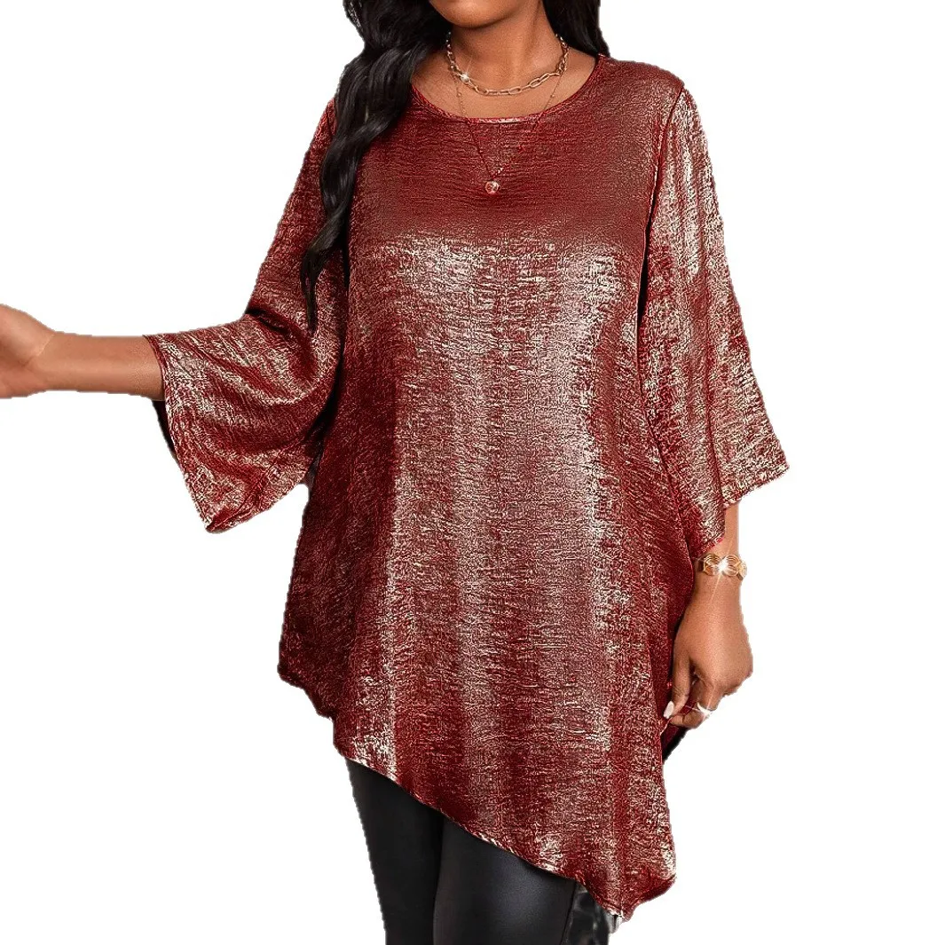 جديد الصيف غير المتماثلة هيم الأعلى Y2K حجم كبير فضفاضة تناسب الجولة الرقبة 3/4 كم تجمع تي شيرت البوهيمي شاطئ منتجع البلوز #5