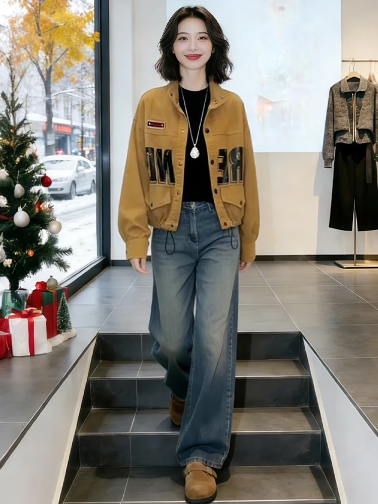 

Укороченная джинсовая куртка для женщин, весна 2026, новинка, модная, универсальная, немнущаяся, с длинными рукавами, на пуговицах, повседневная