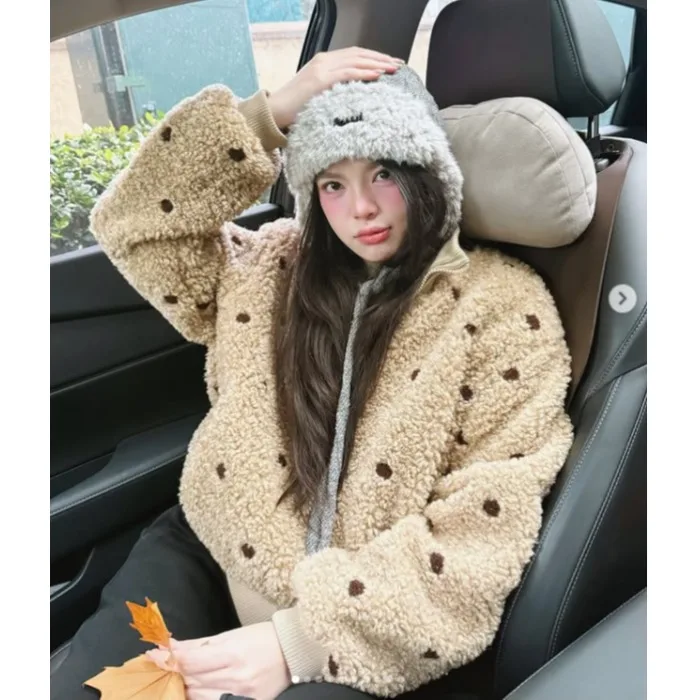 

Women's Winter Jaet Korean Sle Chic Versatile Loose Lazy Sle Furry Polka Dot Lamb Fur Thi Casual Plu Top