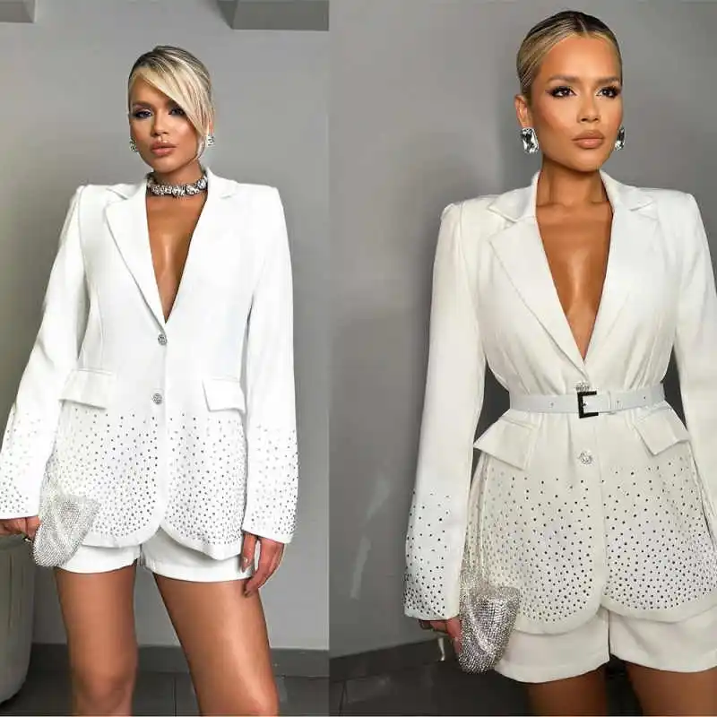 2 Piece Set Luxury Women Suits  Diamond Simple Beads Notched Lapel Single Breasted Plus Size African Women Blazer Customized