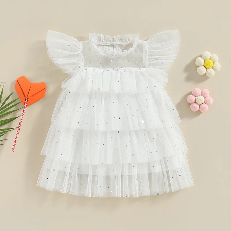 2023-02-20 Lioraitiin 0-4Years Toddler Kids Girls Dress Stars Moon Sequins Fly Sleeve Princess Dress Ruffles Tulle Dress