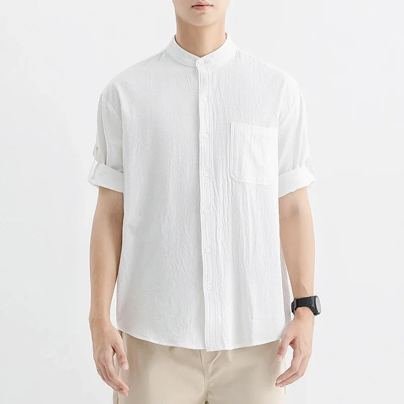 

TFETTERS Luxury 100% Cotton Shirt Men 2025 Summer Stand Collar Half Sleeve Men Shirt with Pocket Slim Fit Work Blouse