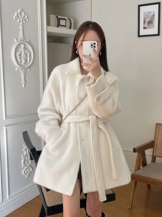 

Ele Korean Sle Thiened Woolen Coat Chic Sweet High-End Feelings Faionable Collar Women's Winter Outerwear Coat