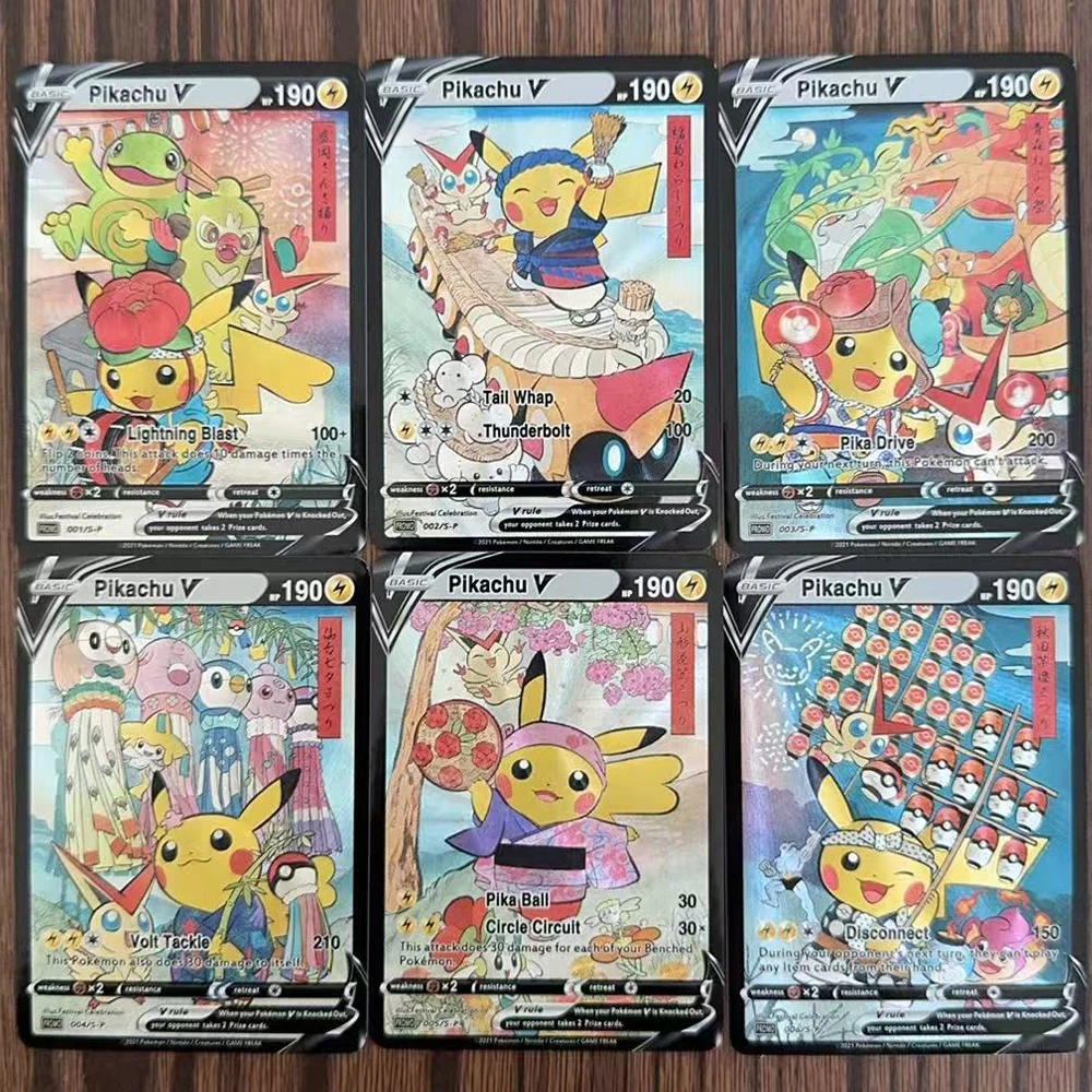 6Pcs/set Diy Pokemon Cards Japanese Self made P.M. Center Tohoku Region R Festival Games Pikachu V Collection Cards Toy Gifts