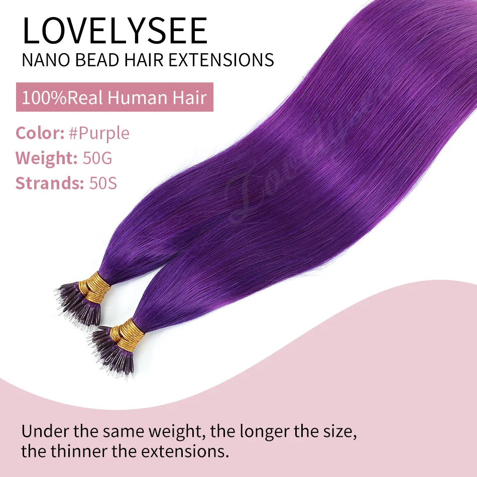 Colorful Nano Rings Hair Extensions 0.1G/Strand Remy 100% Straight Nano Tips Human Hair Highlighting Purple Color For Women