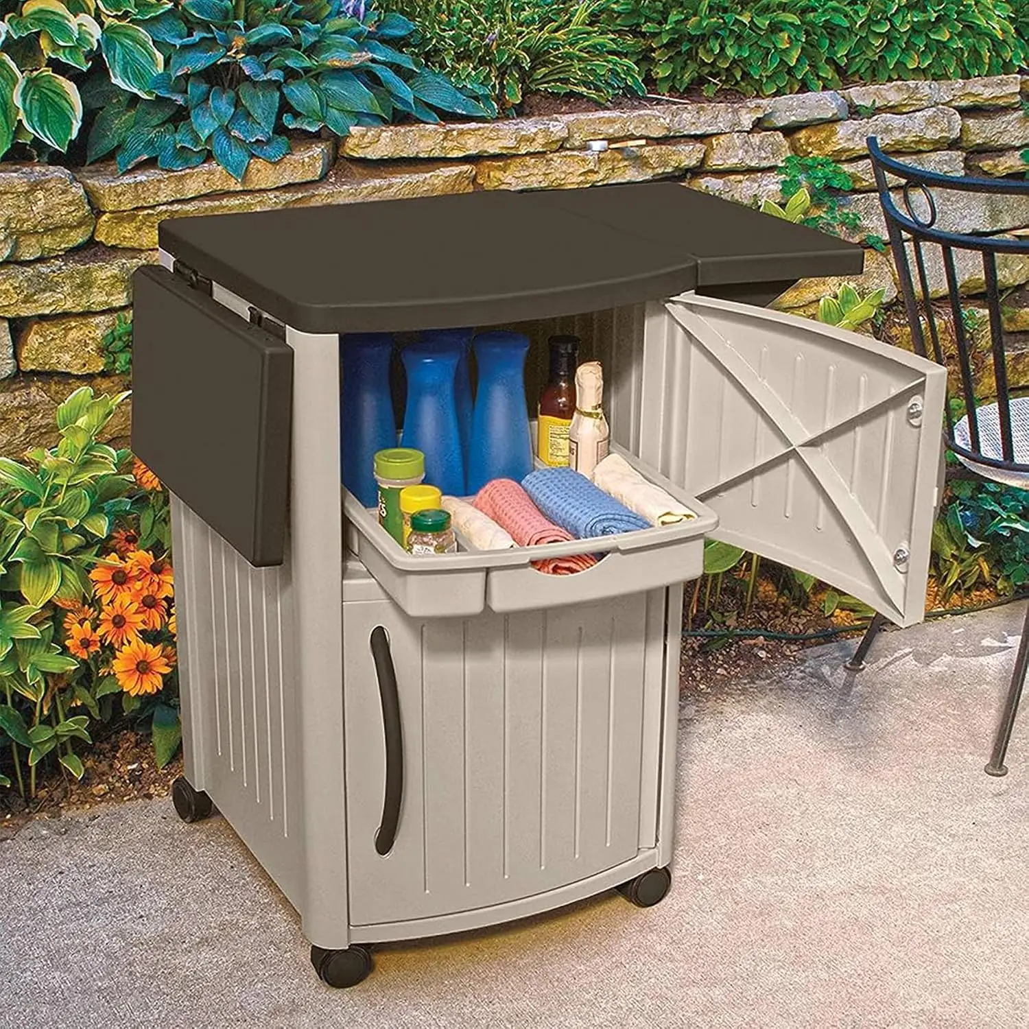 Outdoor Grilling Prep Station Table With Storage, BBQ Work Counter For Backyard Patio, Taupe And Brown Finish - view 2
