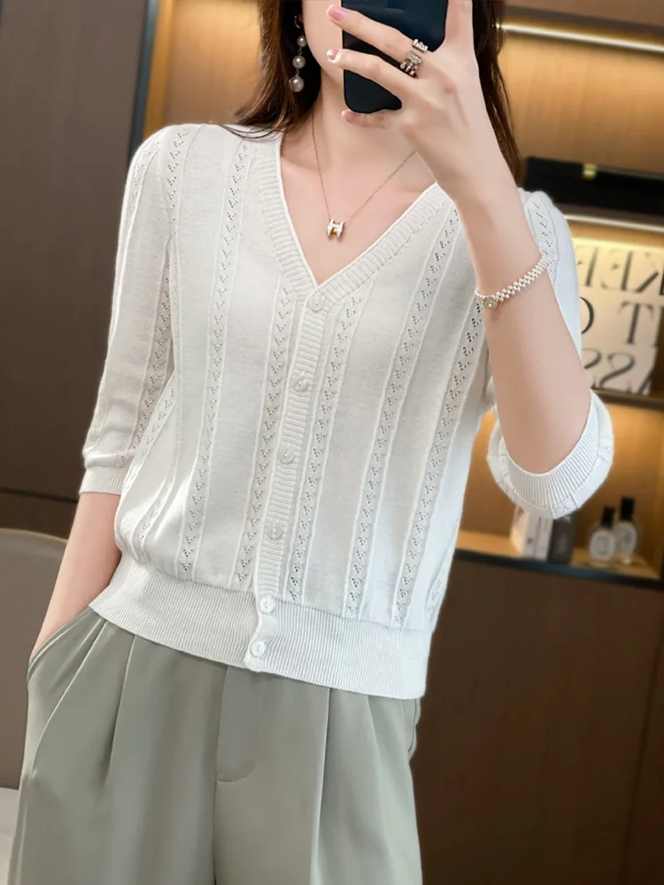 Cardigan aperto ort Sve V-Ne lavorato a maglia in puro cotone Capispalla estivo leggero da donna Vestibilità ampia Lunghezza regolare