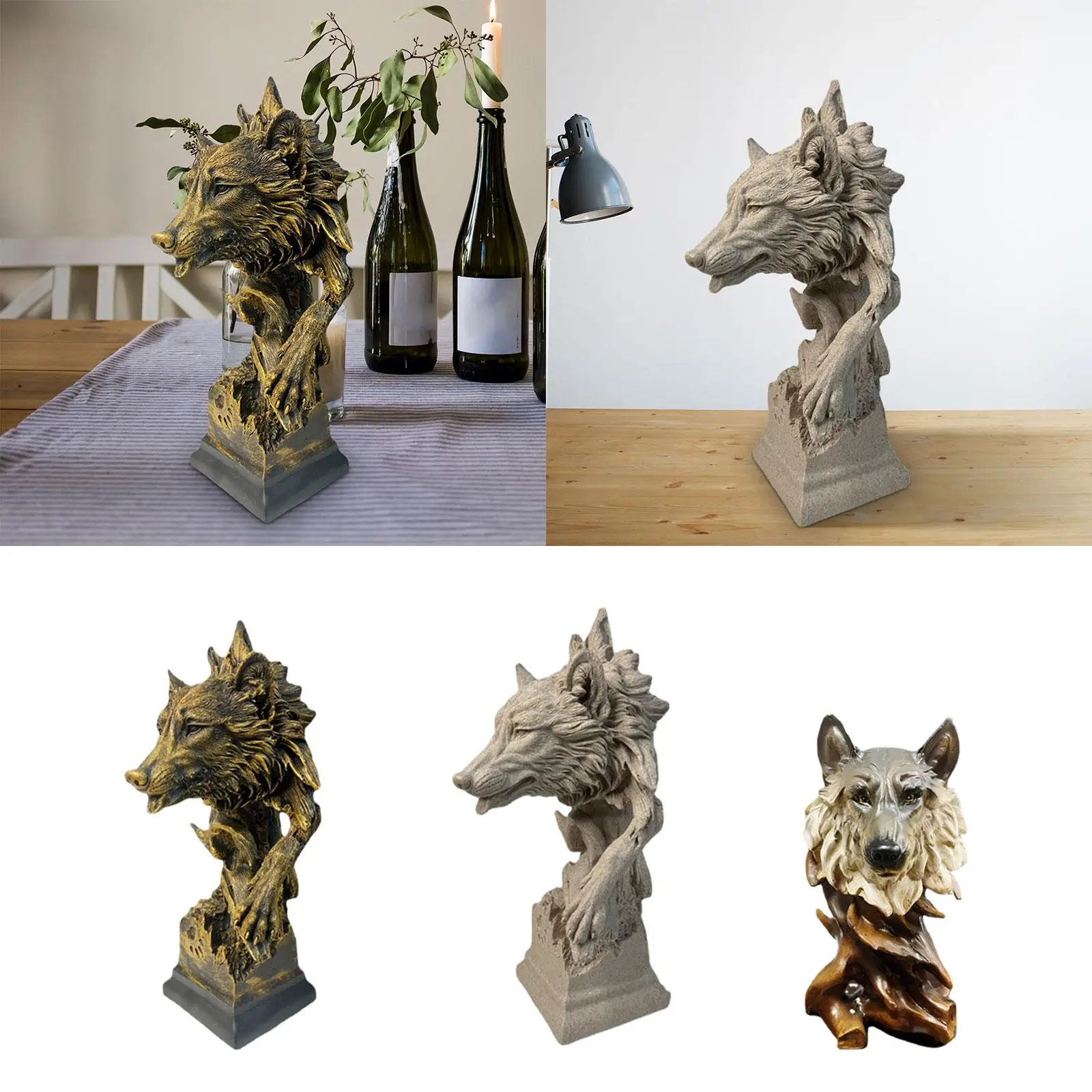Animal Head Decor Wolf Head Sculpture Crafts Collectible Tabletop Ornament Wolf Head Bust Animal Statue for Home Living Room
