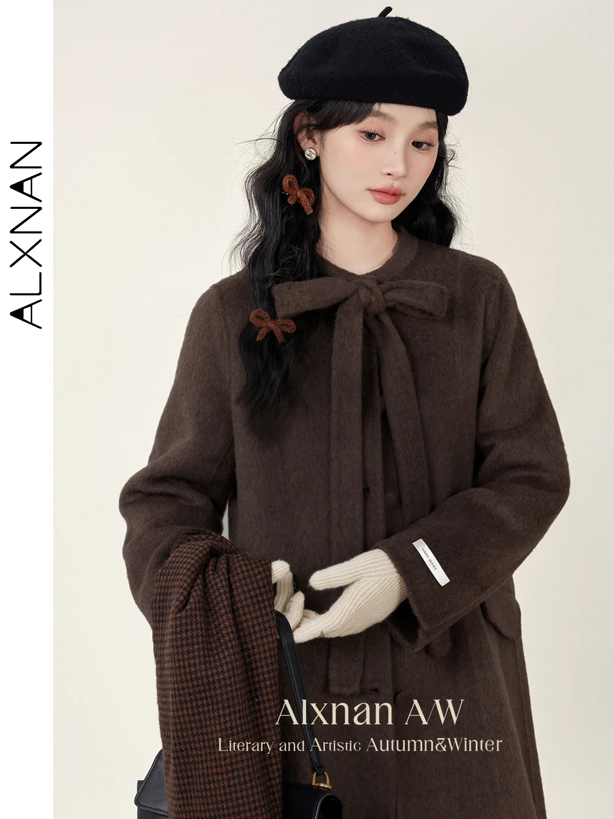 ALXNAN Women's Double-sided Woolen Coat Brown Long Elegant Office Lady Overcoat 2026 Casual Fashion Warm Outwears Female L51007