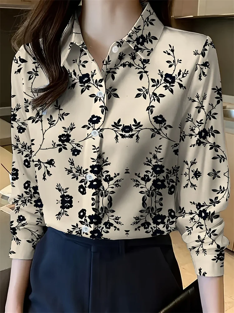 

New Women's Lapel Long Sleeve Shirt Casual Loose Hundred Fashion Trend Flower Pattern Ladies Daily Outdoor Travel Clothing