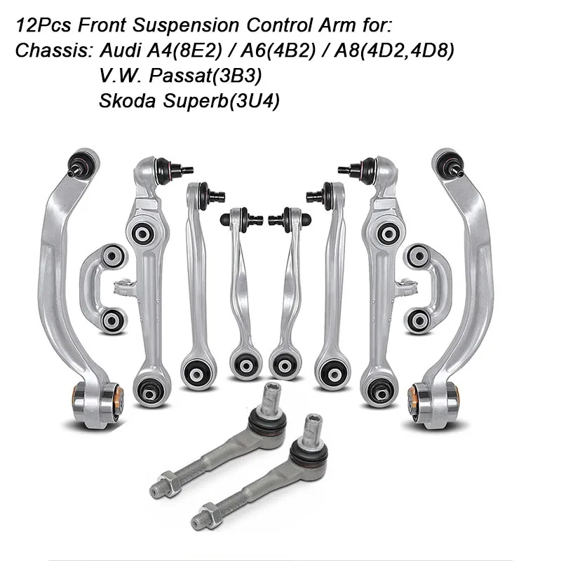 12PCS Front Control Arm Stabilizer Link Tie Rod Kits For Audi A4(8E2)/A6(4B2) / A8(4D2,4D8) / V.W. Passat(3B3)/Skoda Superb(3U4)