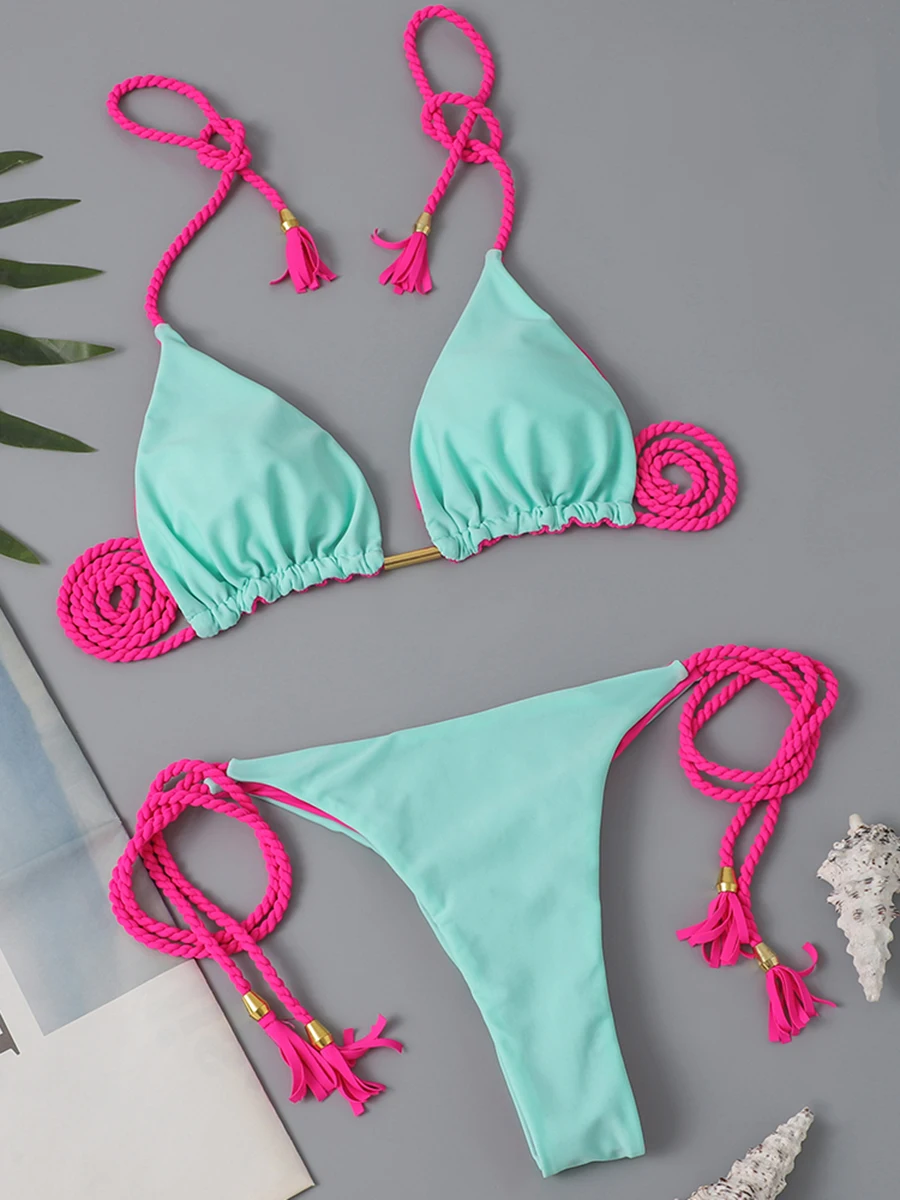 

Бразильский треугольный купальник-бикини 2026: женский сексуальный купальник-стринги, однотонный, для плавания, летний пляжный наряд