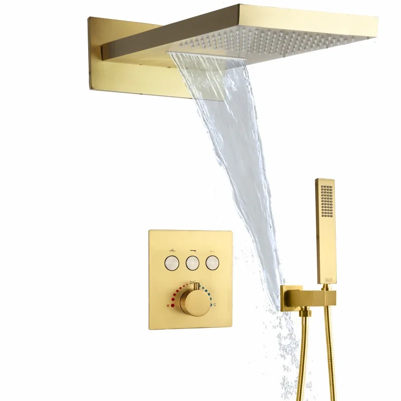 

Brushed Gold Constant Temperature Waterfall Button Shower Suit Bathroom Wall Entry Concealed Rainfall Manual Shower Combination