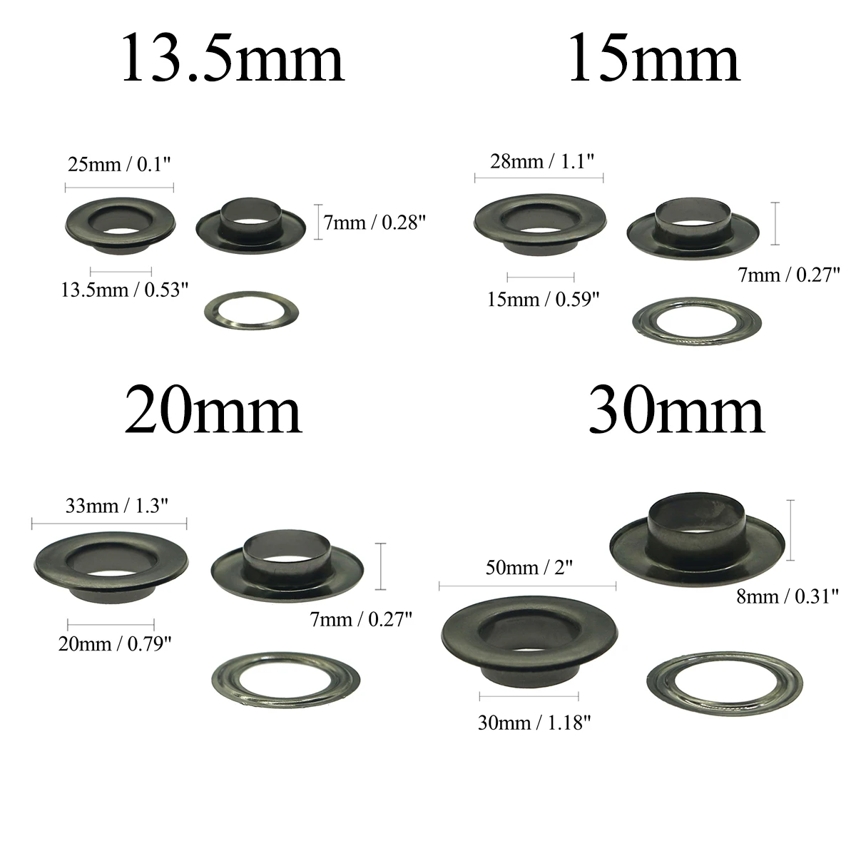 Black Nickel Plane Eyelets 3, 4, 5, 6, 7.3, 10, 12, 13.5, 15, 20, 30mm Internal Diameter Scrapbooking Accessories Knitwear Jeans