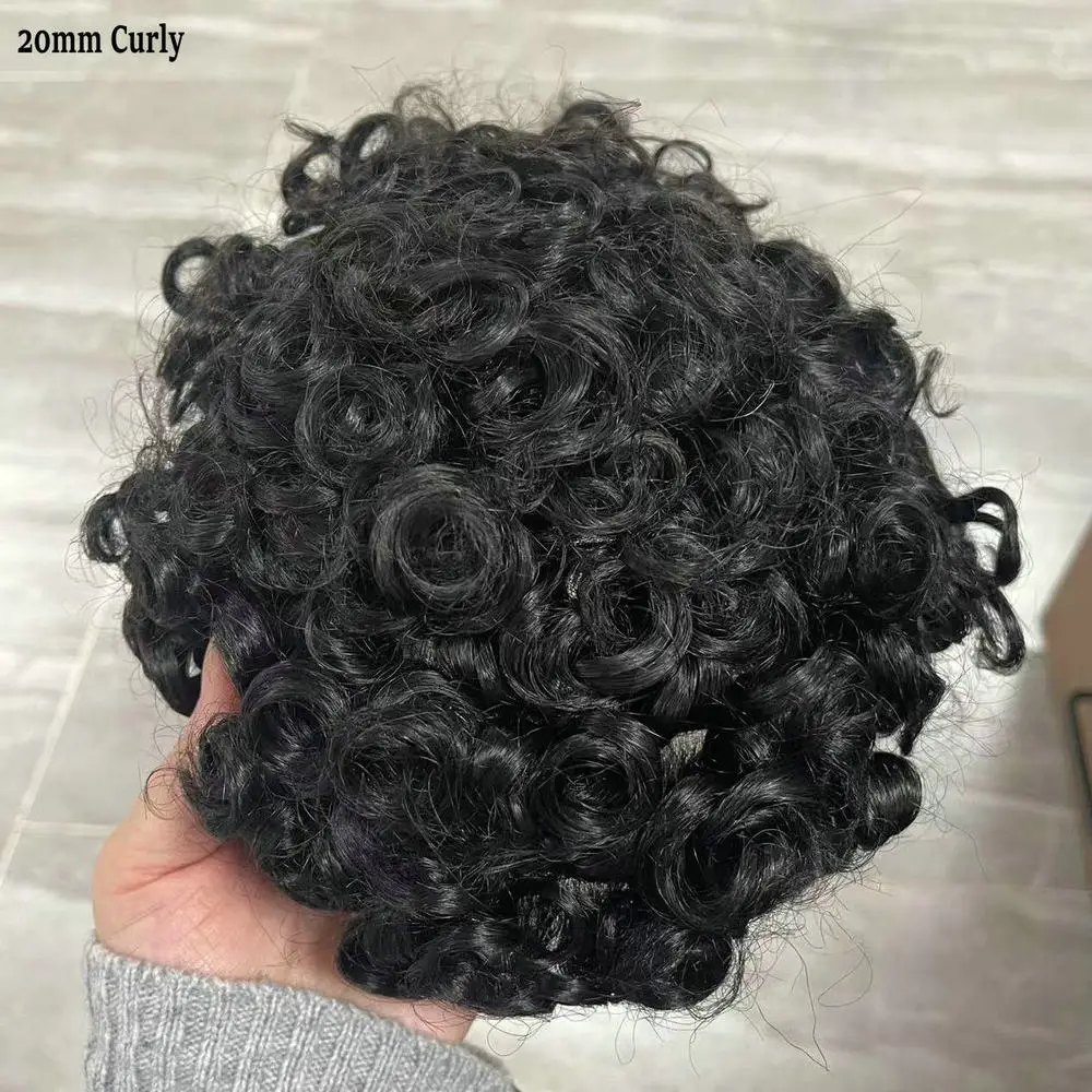 قطعة شعر مجعدة للرجال فائقة التحمل لحقن الجلد بالكامل PU شعر مستعار بشري 20 مم مجعد 1b40 رمادي أسود نظام بدلة شعر الذكور