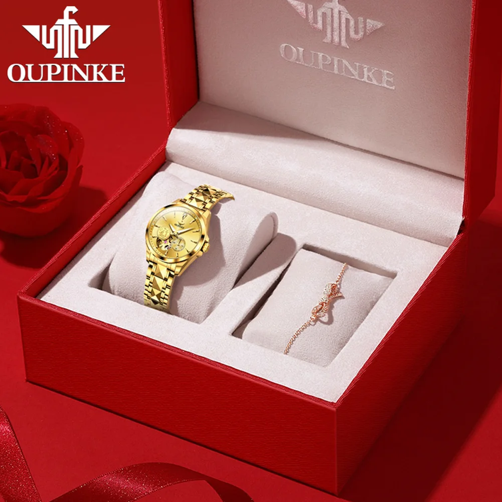 Luxury OUPINKE Real Gold Real Diamonds Automatic Women's Watch Sapphire Mirror Tungsten Steel Strap Ladies' Watches Set Gift