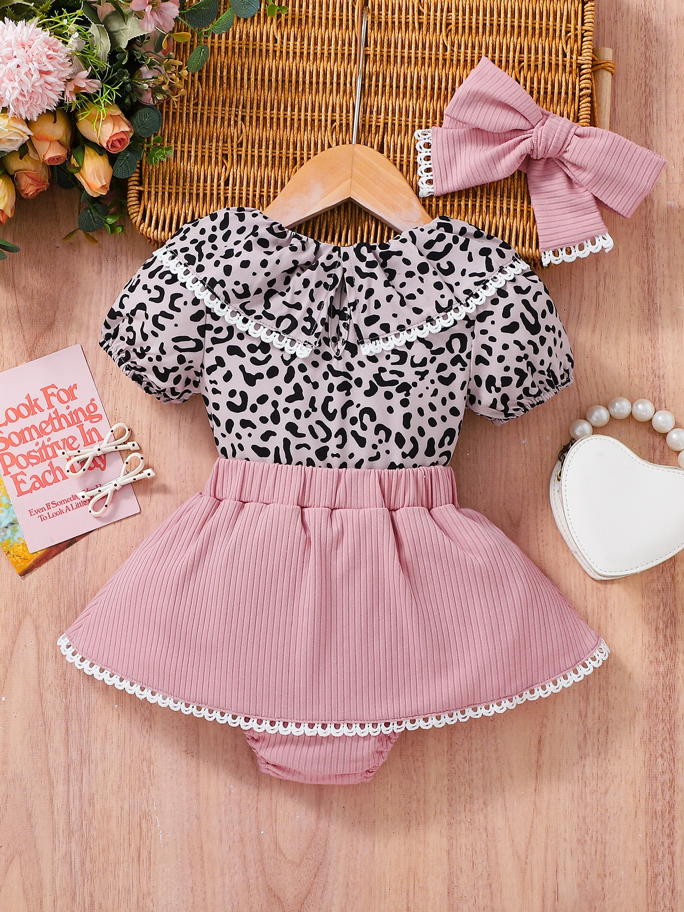 Summer Baby Girl Leopard Print Bowtie Romper Set with Pink Lace Butt Skirt And Hair Accessory Two-Piece Toddler Outfit