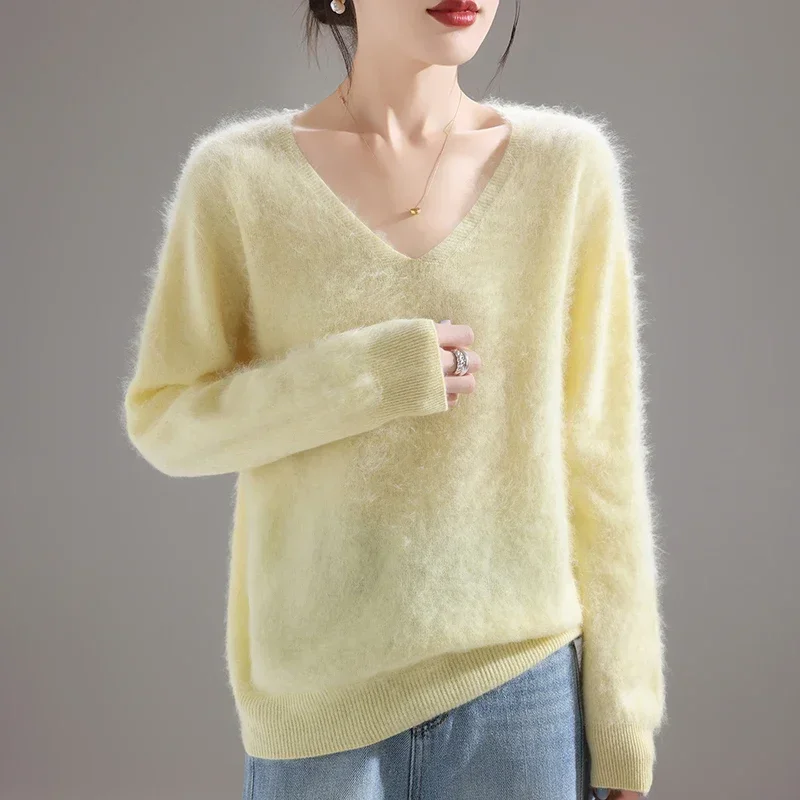 2025 Women's 100% Merino Wool Sweater, Thick Loose Knit Pullover Long Sleeve Solid Color(72 characters)