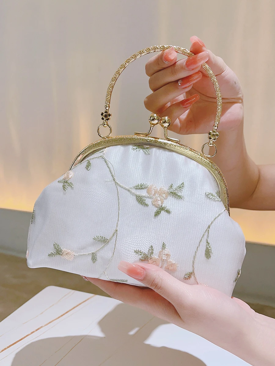 Floral Embroidery Event Clutch Bag Kiss Lock Purse Metal Chain Handbag Bridesmaid Wedding Cocktail Party Clutch