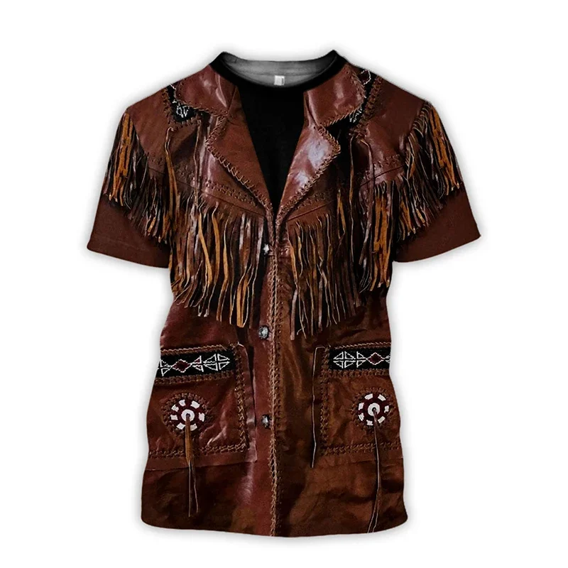 

Men's Short-sleeved T-shirt, Summer Casual, Oversized, with a 3D Image of Western Denim, Fashionable