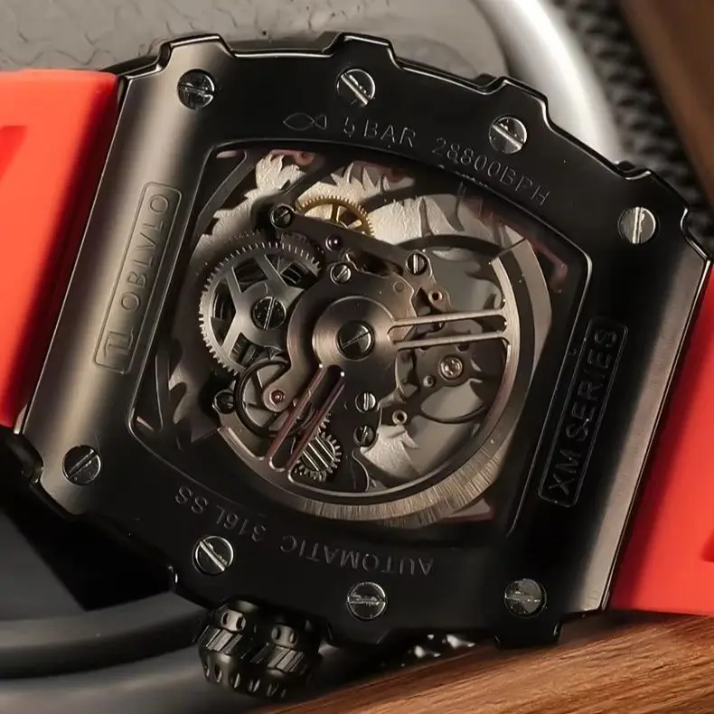 OBLVLO ساعة أوتوماتيكية للرجال 43 مللي متر Tonneau ساعة يد ميكانيكية مضيئة الهيكل العظمي الهاتفي الياقوت مرآة كريستال الحافة