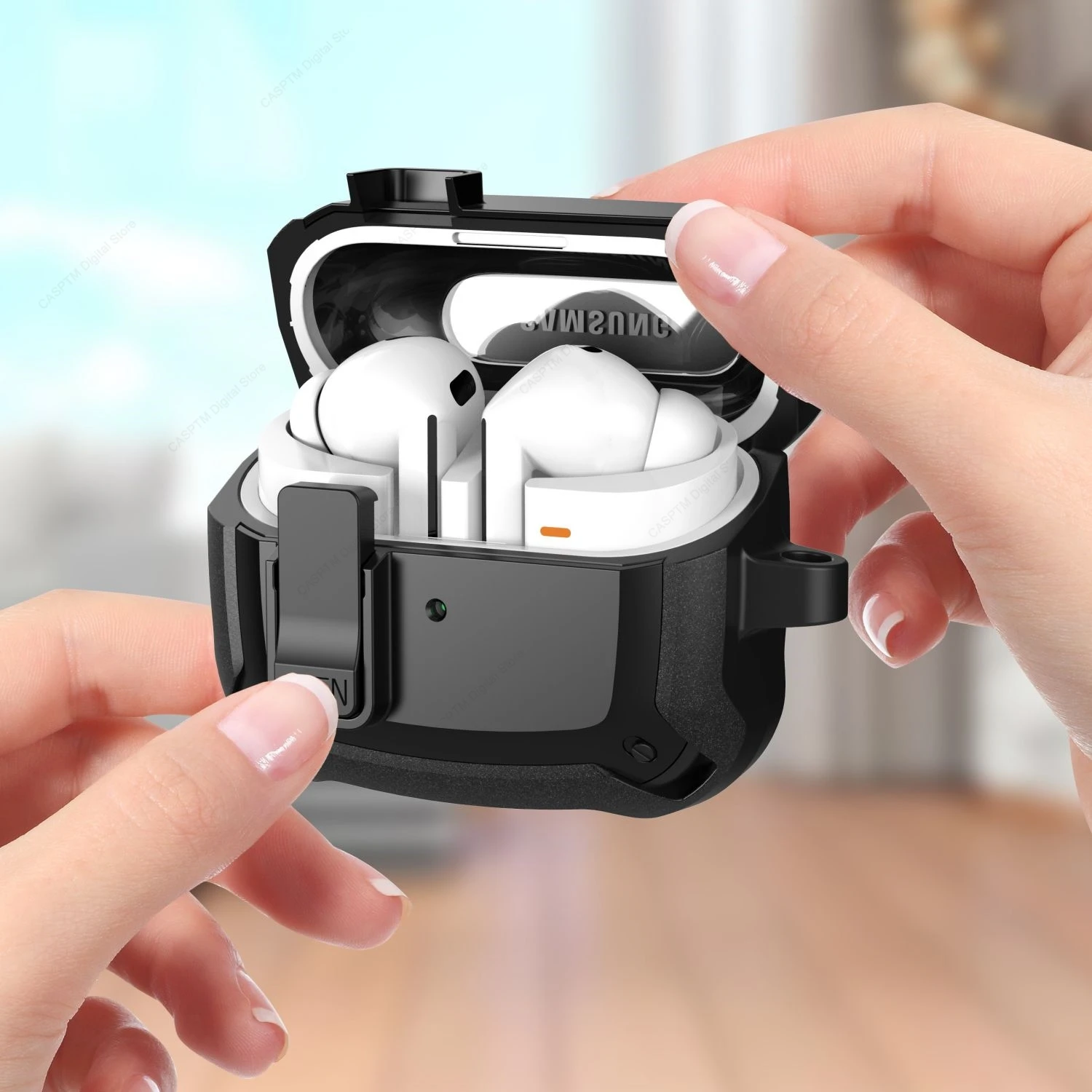 غطاء مقاوم للصدمات مع قفل أمان لسامسونج غالاكسي براعم ، جراب ، كم مع خطاف ، براعم 3 برو ، Buds3 Buzz ، Buds 3 Pro