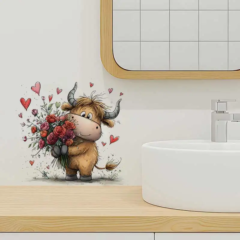 Cute Valentine Highland Cow Wall Sticker Bedroom Kids Room Background Decoration Mural Animals Home Decor Waterproof Decals S933