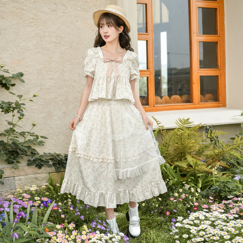 森ガール族オリジナル甘い初恋牧歌的なスタイルの花レーススプライシングスカートプリント A ラインスカート新スタイル女性のための