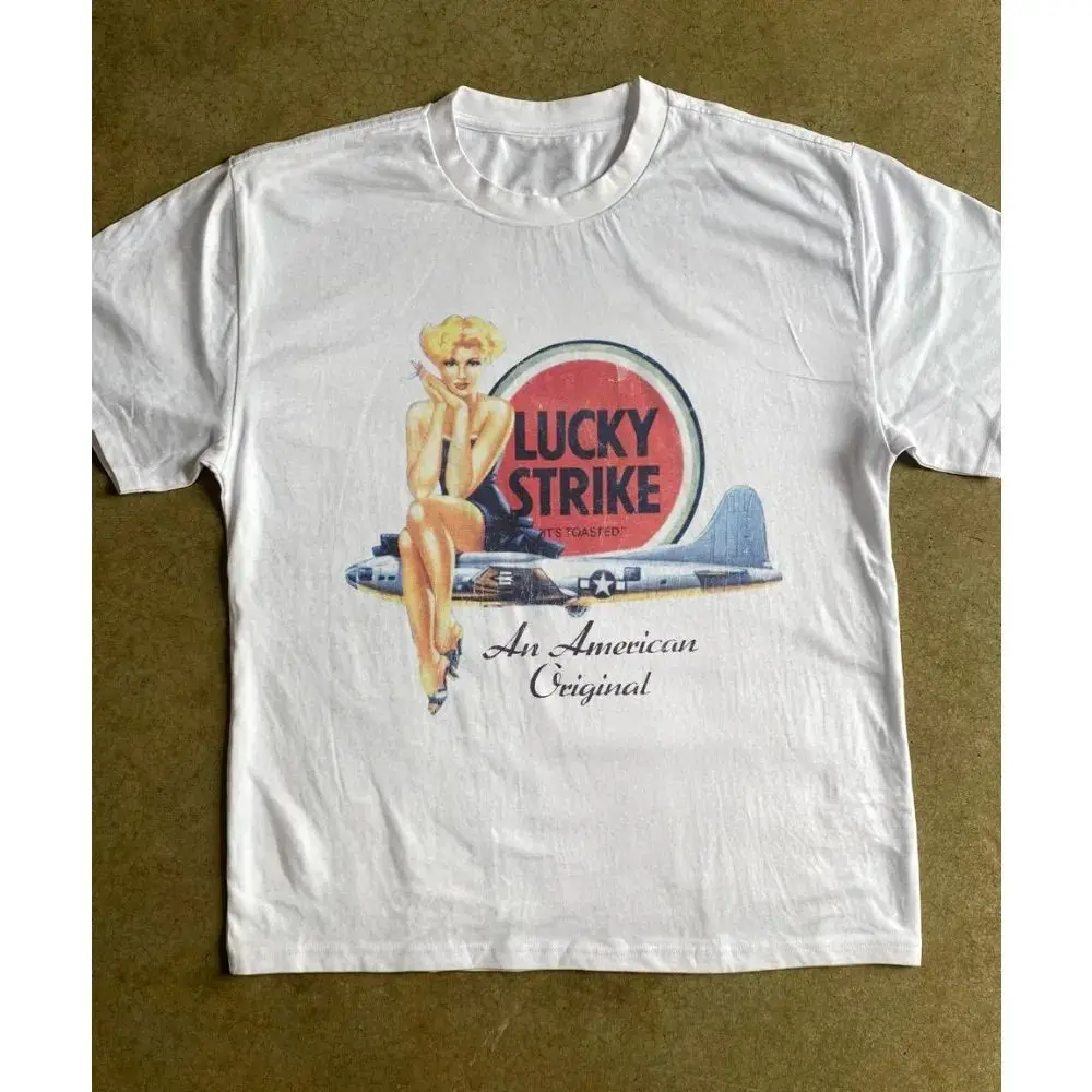 Camiseta Vintage Lucky Strike Pin-Up, Camiseta Gráfica Y2K, Estampado Retro Americano Pin-Up Girl, Manga Corta, Informal, Verano, Unisex