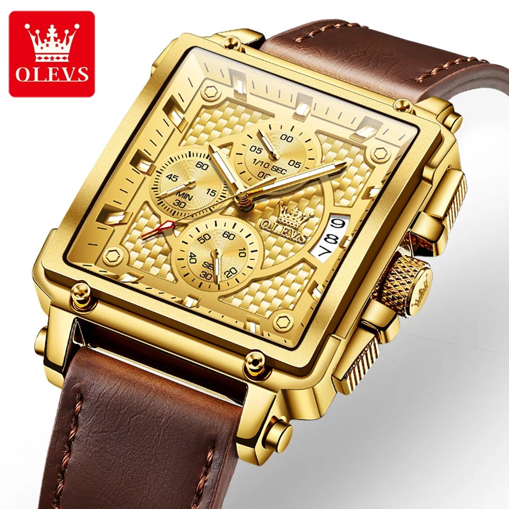 OLEVS Quartz Watch for Men Golden Square Large Dial Waterproof Leather Strap Wrist Watch Date Display Men\'s Quartz Watch 9925