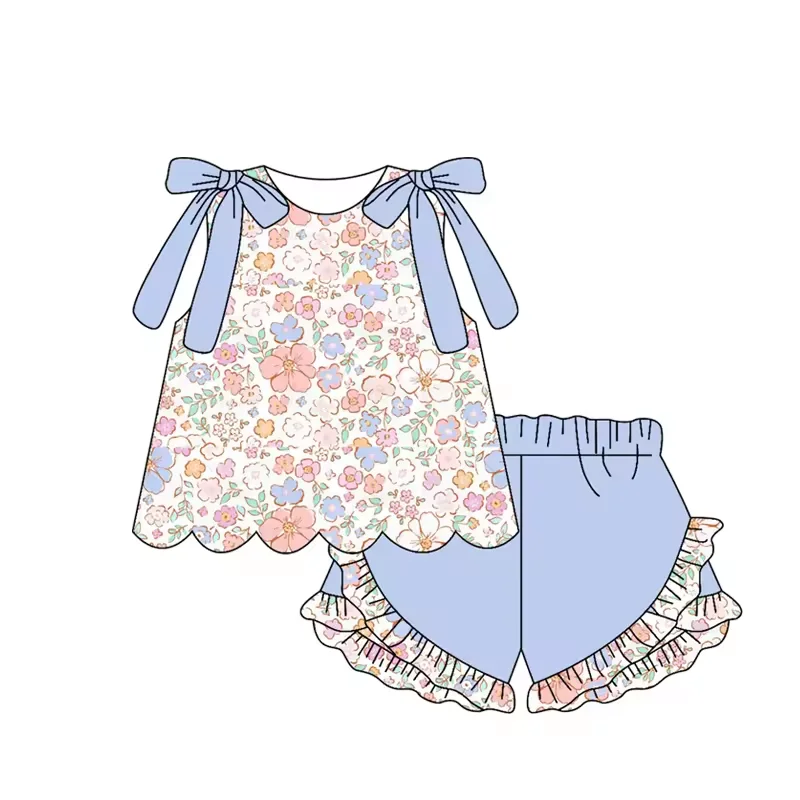 Baby Girls Summer Flowers Bows Scallop Tunic Tops Floral Ruffle Shorts Boutique Kids Toddler Outfits Clothes Sets