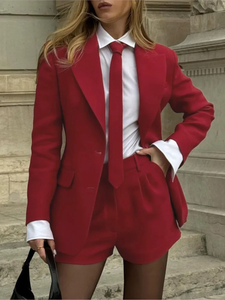 

Elegant Shorts Sets Women Red Two Pieces Set 2025 Autumn Fashion Long Sleeve Pockets Tie Button Blazer+High Waisted Shorts Sets